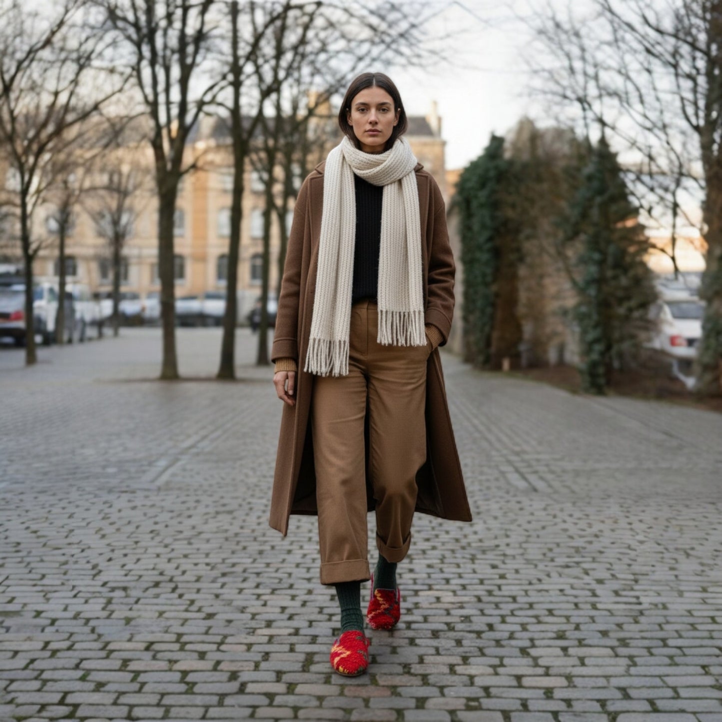 Mule Aisha de Leke’s destaca por su rojo intenso y su textura cálida, combinado con calcetines de lana, y un look street style minimalista.