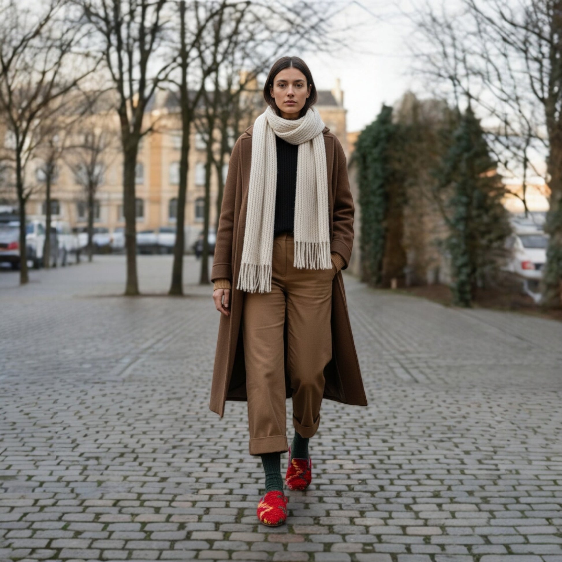 Mule Aisha de Leke’s destaca por su rojo intenso y su textura cálida, combinado con calcetines de lana, y un look street style minimalista.