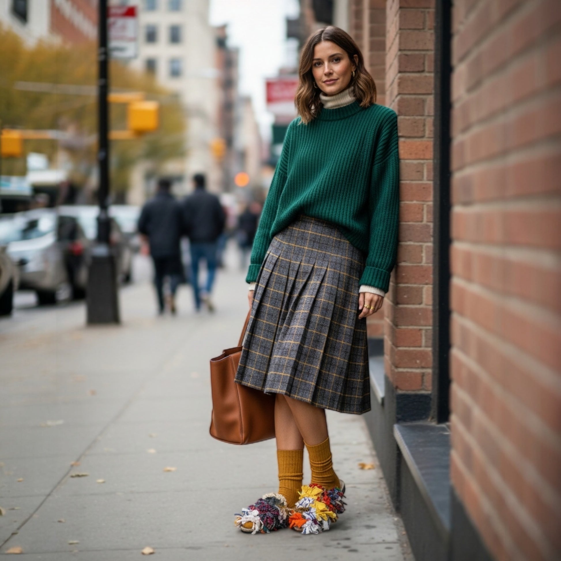 Mujer con vestido verde de punto, gabardina camel, bufanda estampada, a conjunto con pantalón herringbone en gris con el mule Noura de Leke's.